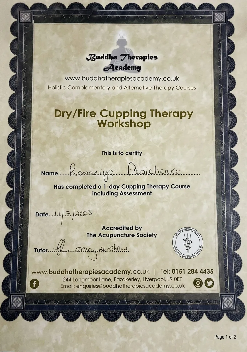 Dry and fire cupping therapy workshop certificate, Buddha Therapies Academy, 2025