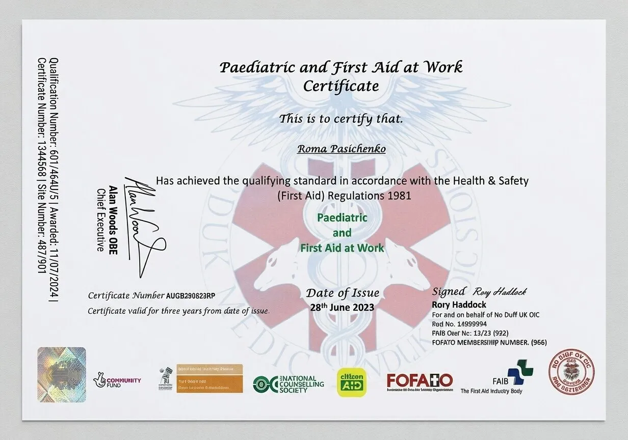 Paediatric and First Aid at Work certificate, issued 28 June 2023