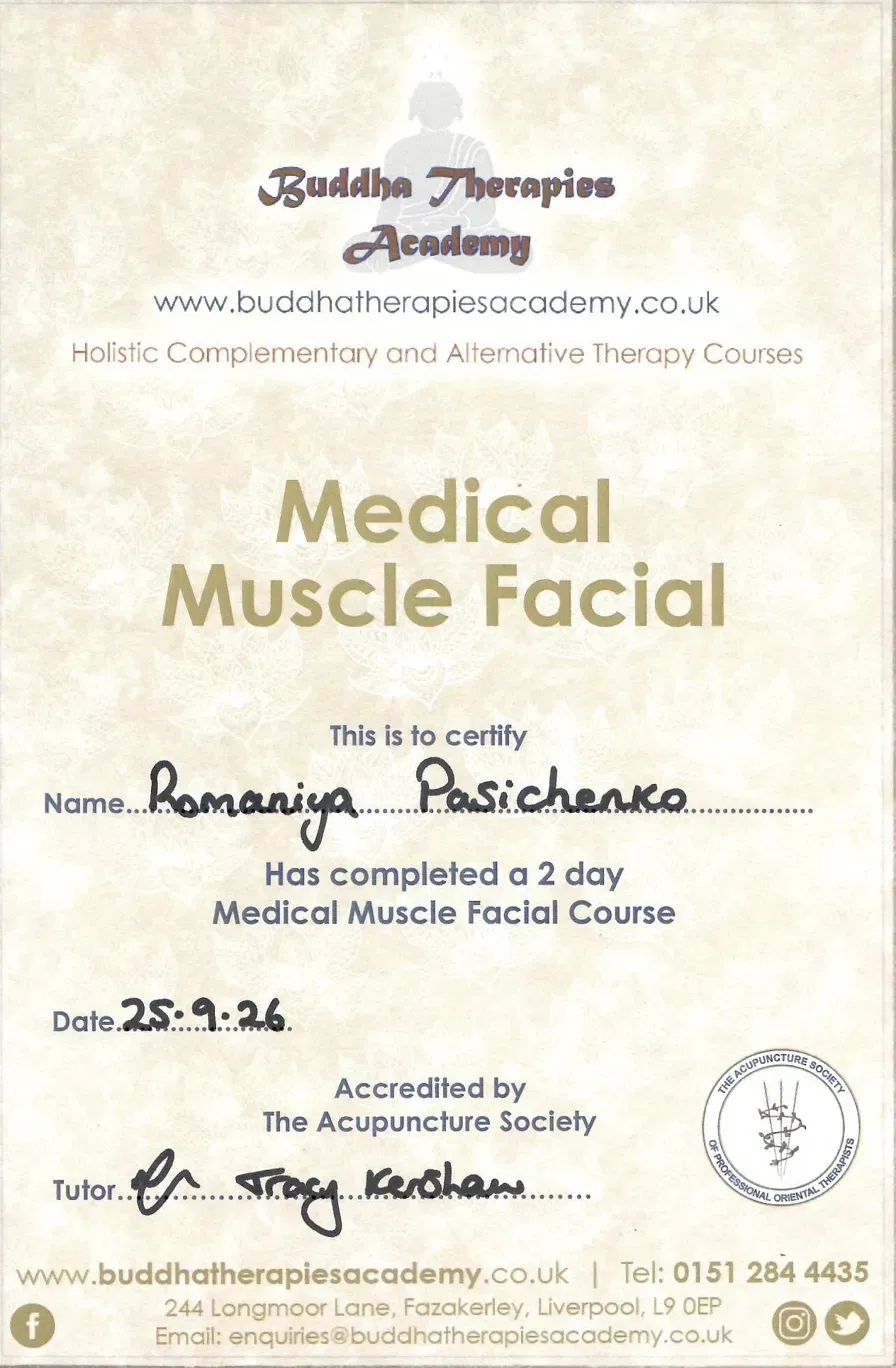 Medical Muscle Facial course certificate, Buddha Therapies Academy, accredited by The Acupuncture Society, 2026