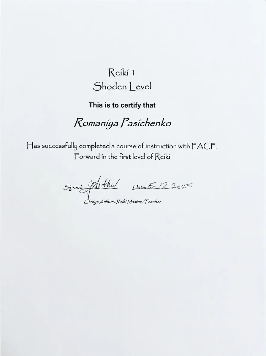 Reiki 1, Shoden Level certificate, FACE Forward, 2025