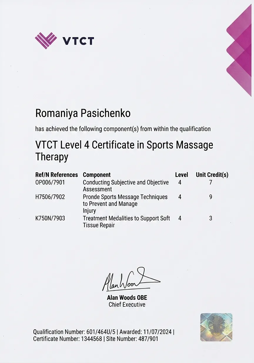 VTCT Level 4 Certificate in Sports Massage Therapy awarded to Romaniya Pasichenko, 2024